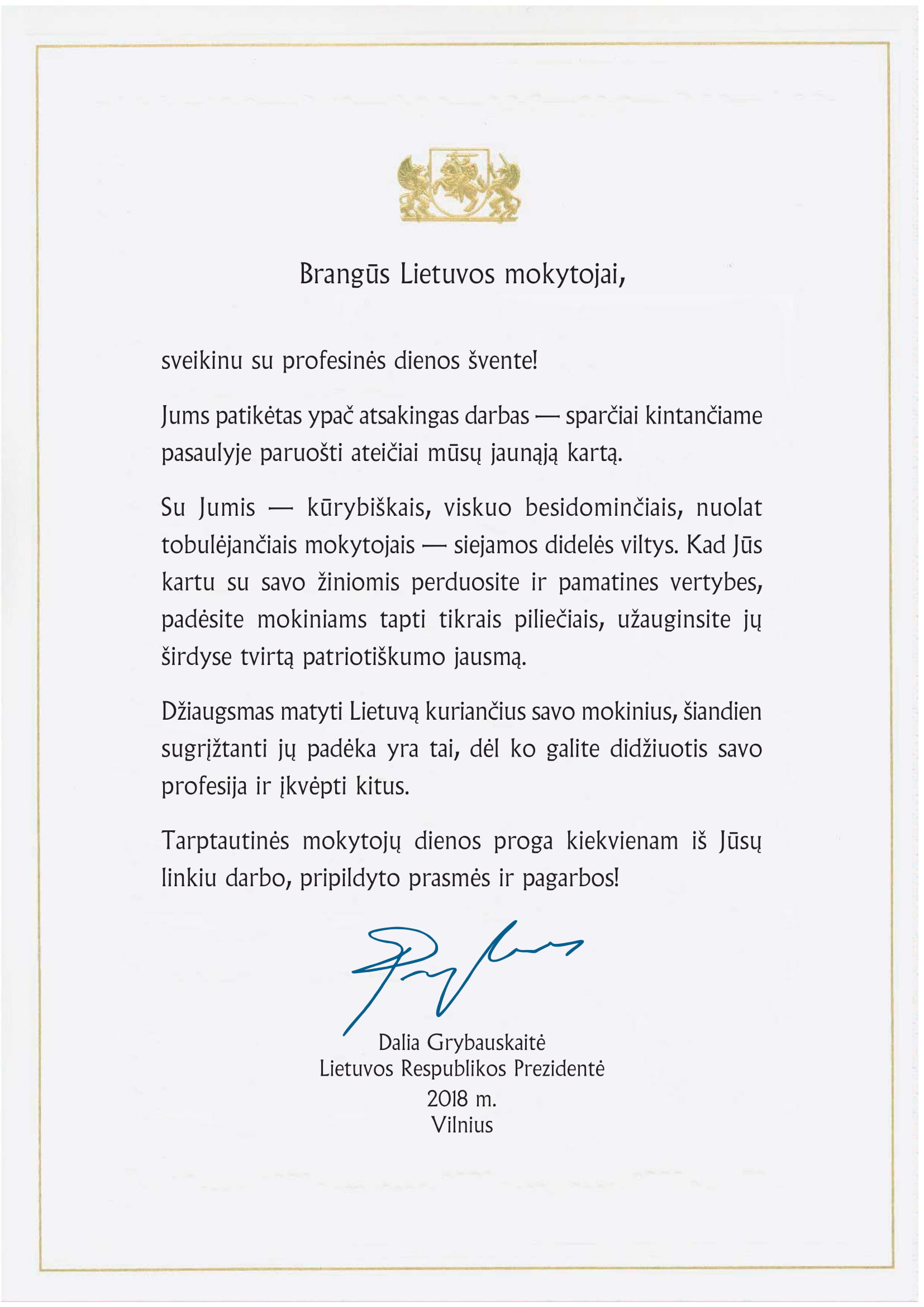 2018-10-05 Lietuvos Respublikos Prezidentės Dalios Grybauskaitės sveikinimas Tarptautinės mokytojų dienos proga-1.jpg
